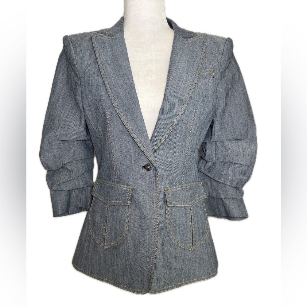 5 à 7 Cinq à Sept Louisa Grey Denim Notch Lapel Gathered Sleeve Blazer Jacket 6 - Picture 4 of 13